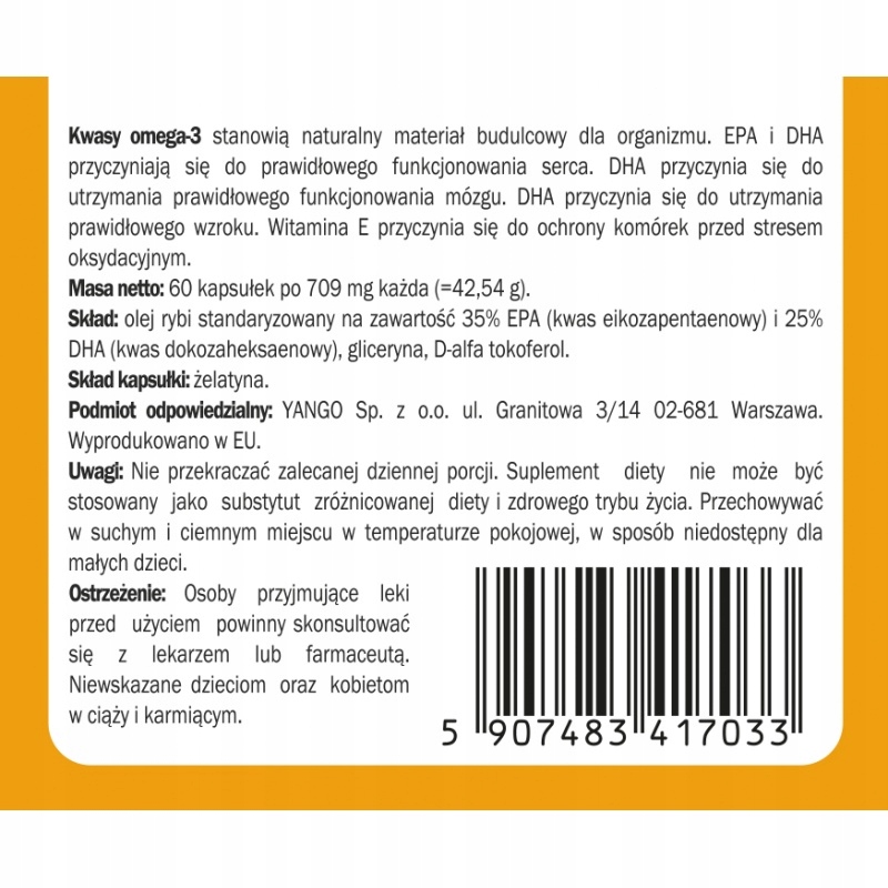 Yango OMEGA 3 KWASY TŁUSZCZOWE olej rybi OMEGA 3 709mg 60 kapsułek na 1 mc