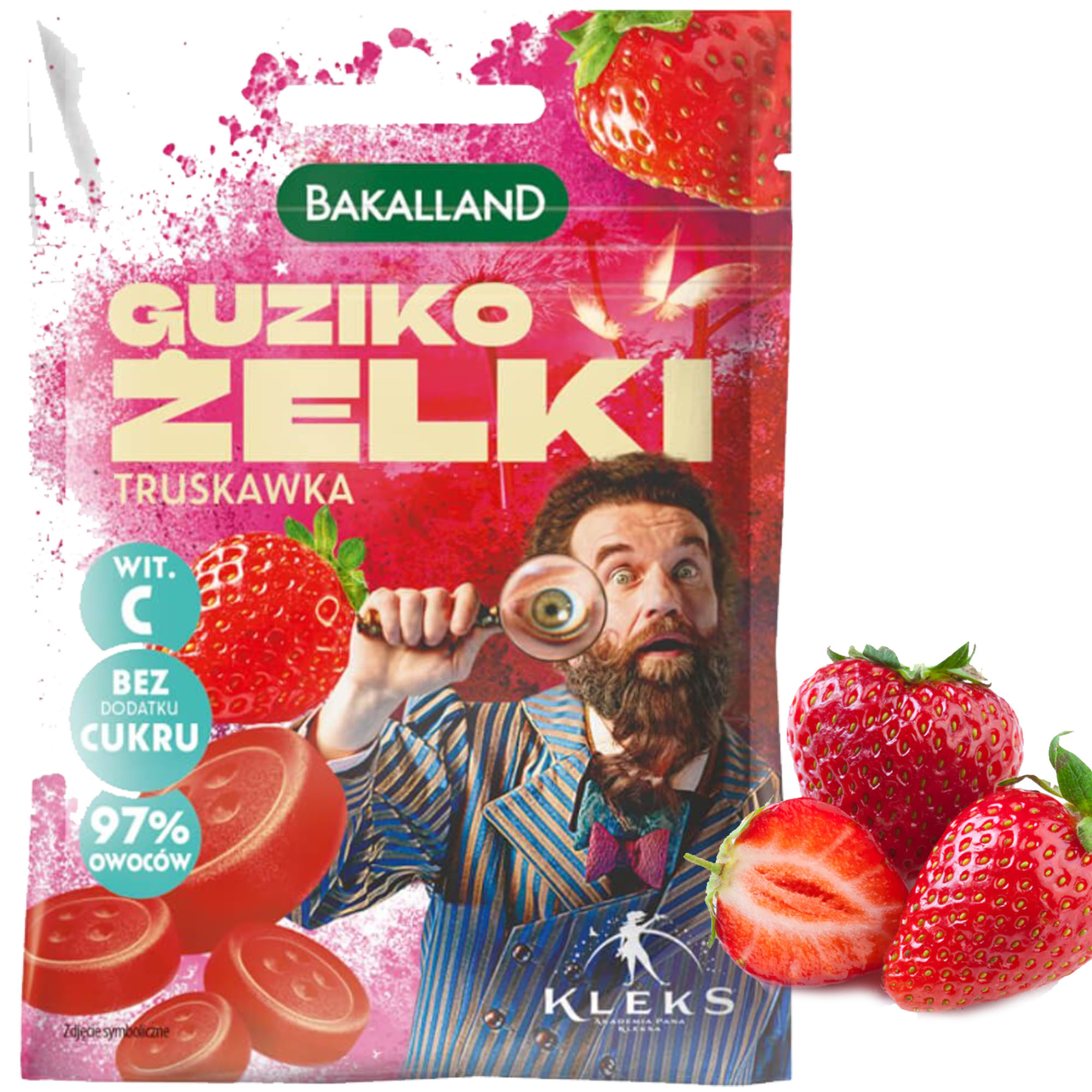 BAKALLAND GUZIKO ŻELKI TRUSKAWKOWE Truskawka 34g BEZ CUKRU +Wit.C PAN KLEKS