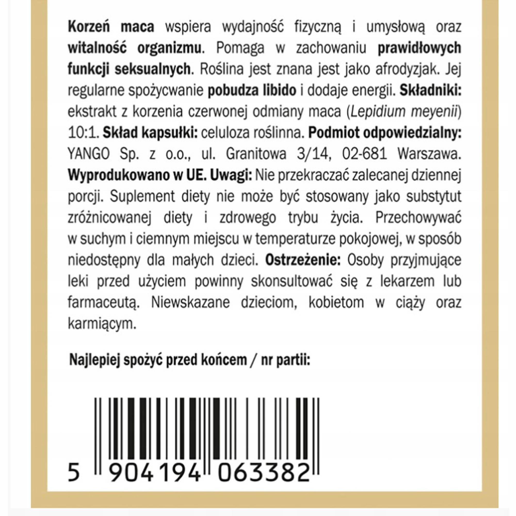 Yango CZERWONA MACA wsparcie na: ENERGIA PAMIĘĆ SPRAWNOŚĆ fizyczna 90kaps.