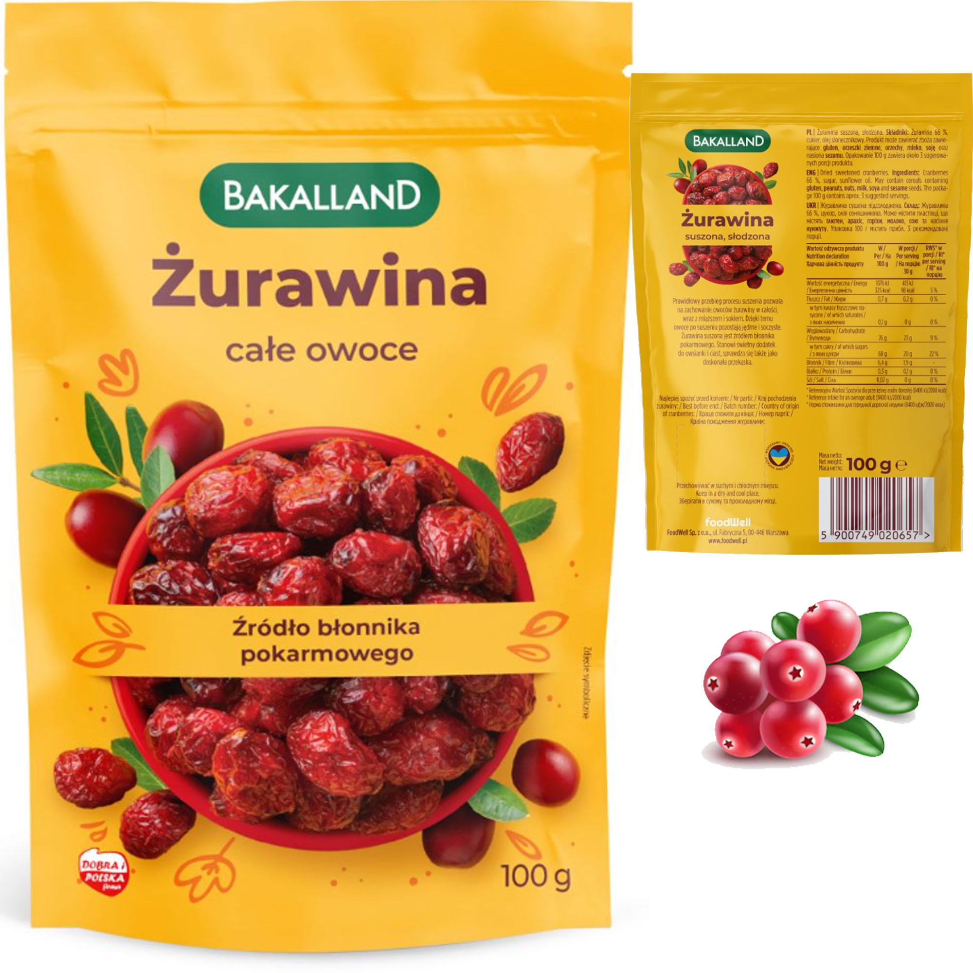 Bakalland Żurawina całe owoce 100 g