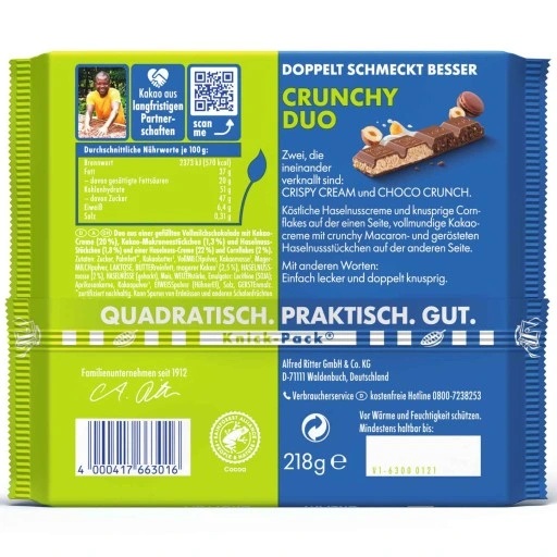 CZEKOLADA RITTER SPORT DUO CRUNCHY NADZIEWANA MLECZNA CRISPY CREAM 218g