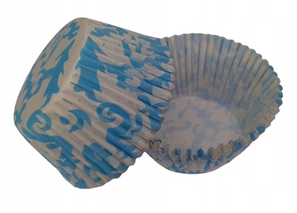 FOREMKI PAPILOTKI do muffinek srebrne w niebieski wzór 50x35 mm 100 szt