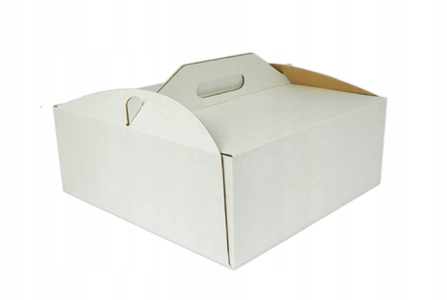 KARTON PUDEŁKO KOSZYK NA TORT BIAŁY Z UCHWYTEM - 26x26x15 cm