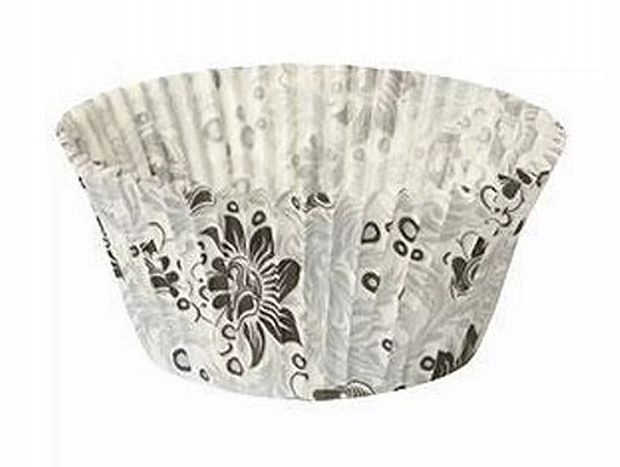 FOREMKI PAPILOTKI do muffinek białe czarne kwiatki 50x35 mm 100 szt