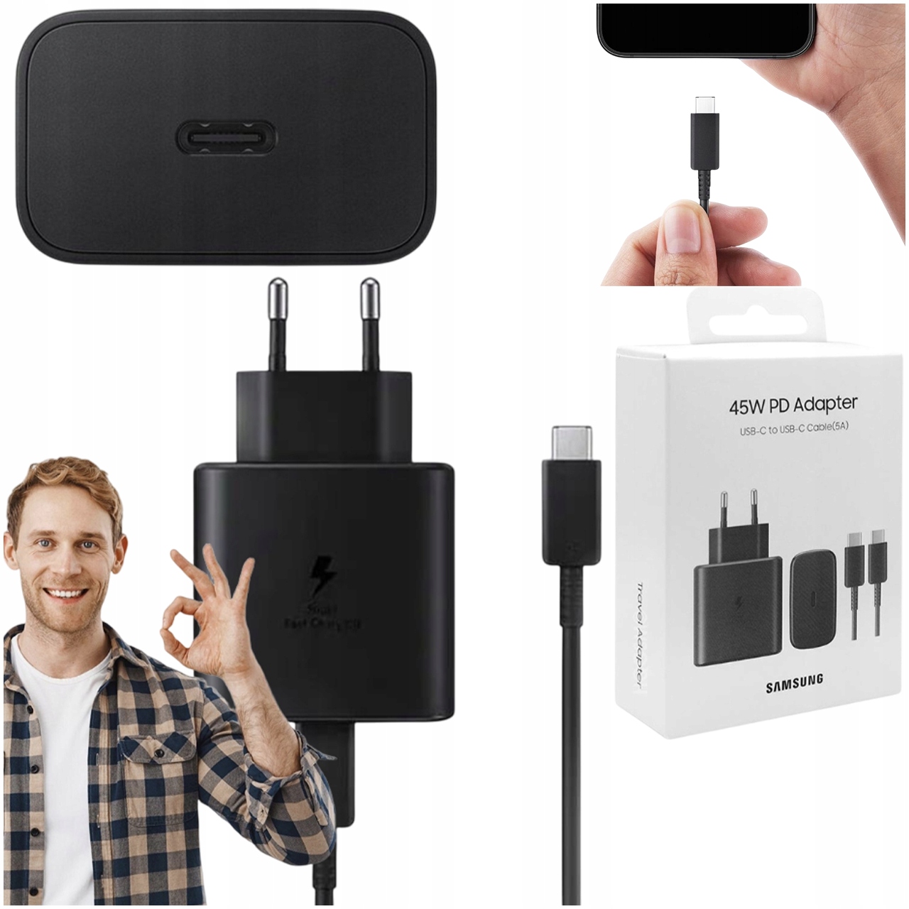 ŁADOWARKA SAMSUNG TA845 45W SZYBKA ORYGINALNA FAST CHARGING CZARNA KABEL USB-C 1m