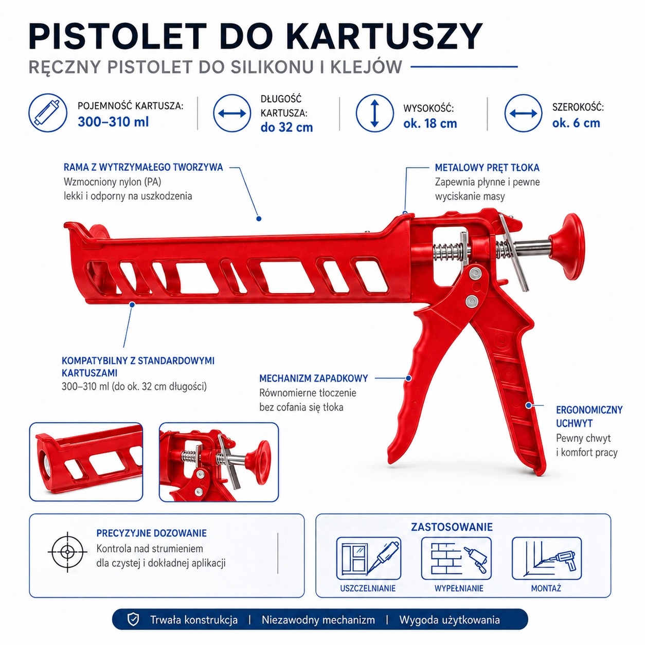 Pistolet do silikonu, akrylu i kleju 300–310 ml – czerwony