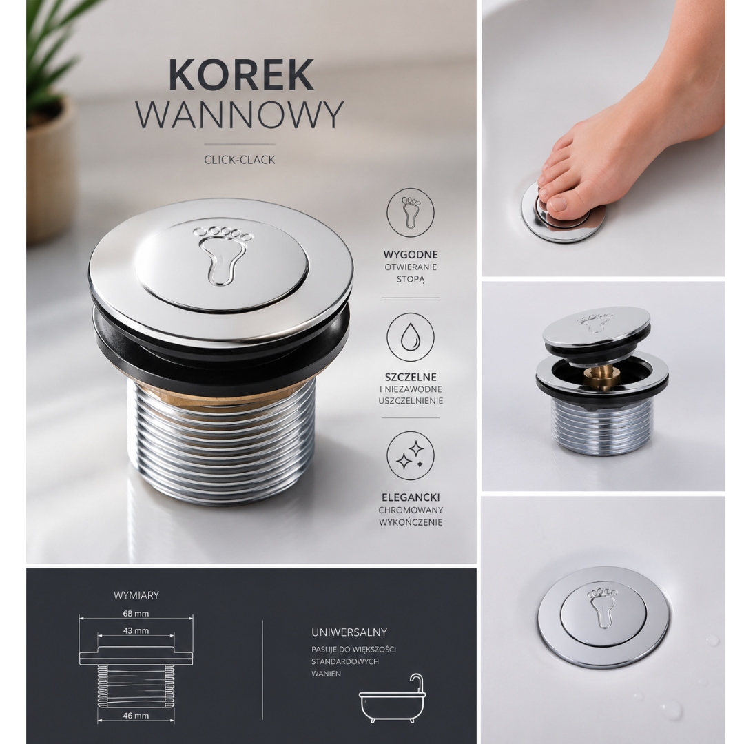 Korek klik-klak do wanny i brodzika, chrom, z przyciskiem na stopę