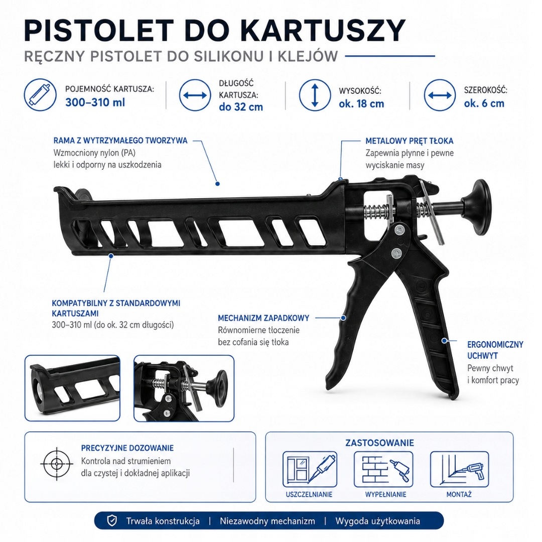 Pistolet do silikonu, akrylu i kleju 300–310 ml – czarny