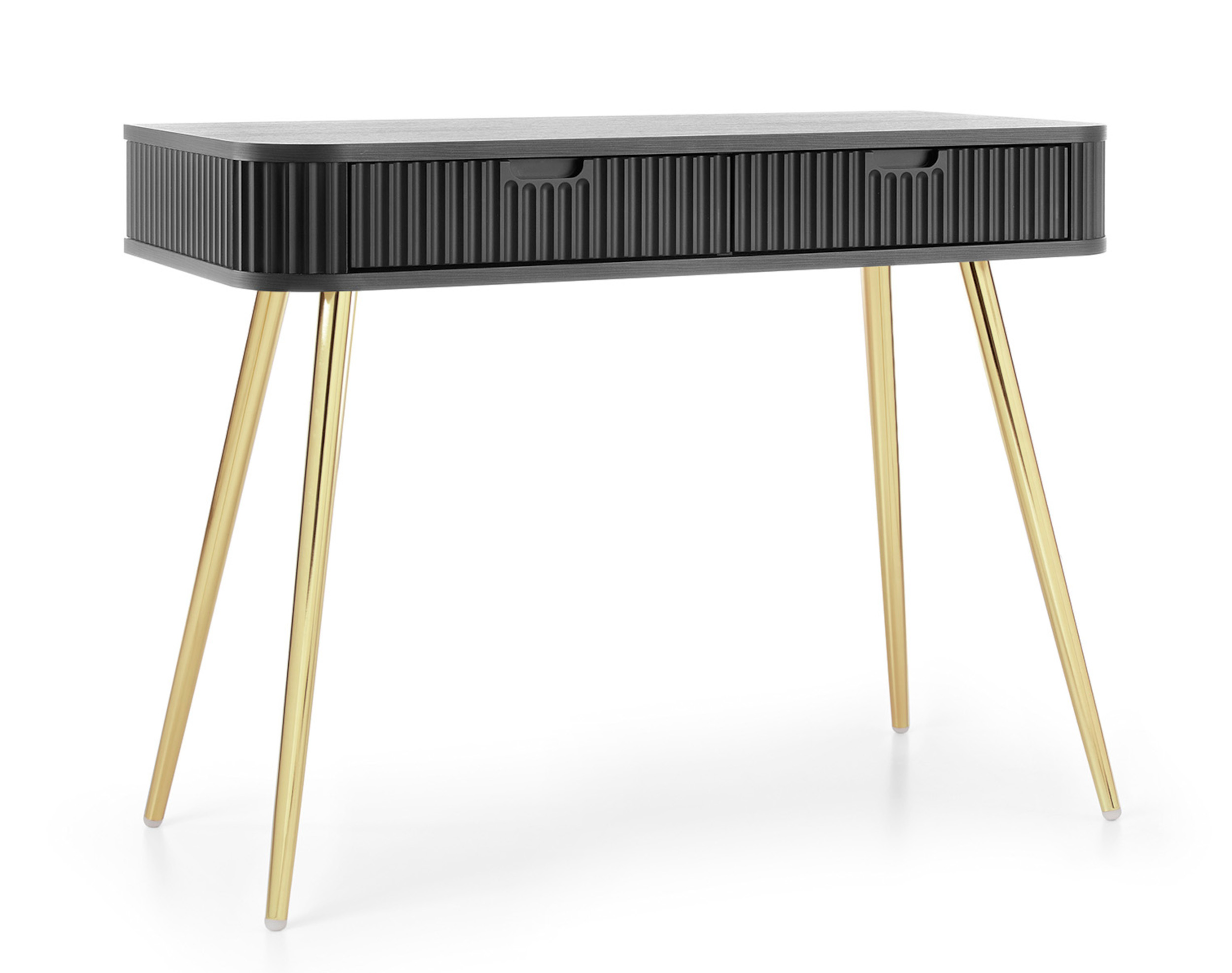 Toaletka Zova z dwoma szufladą i lamelowymi frontami 110 cm Czarna ze złotymi nogami - zdjęcie 1