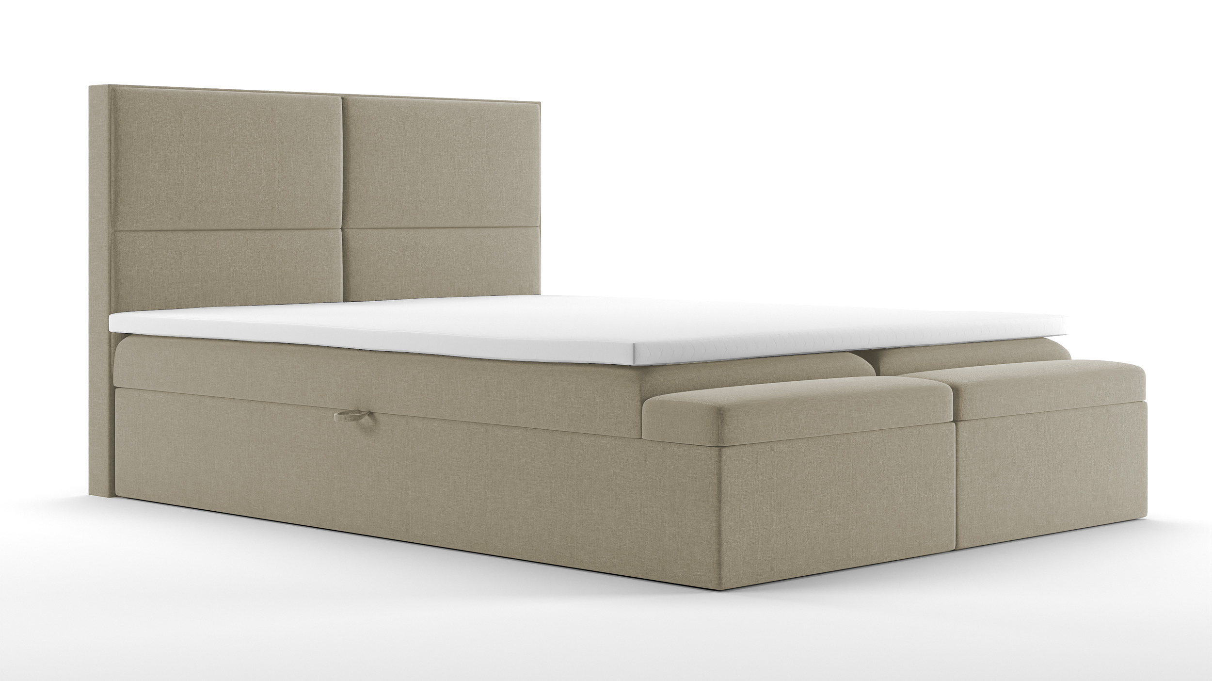 Łóżko kontynentalne 140x200 cm Bazoma z pojemnikami ławeczką i materacem kieszeniowym beżowe plecionka hydrofobowa - zdjęcie 1