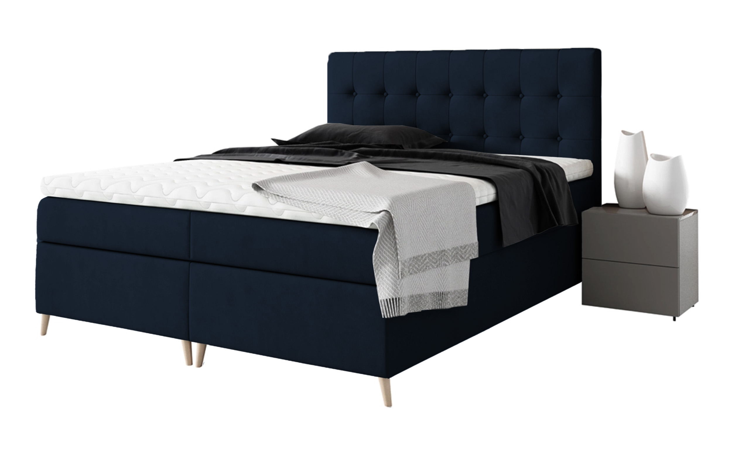 Łóżko kontynentalne Merrans 180x200 z dwoma pojemnikami, materacem i topperem granatowe hydrofobowe - zdjęcie 1
