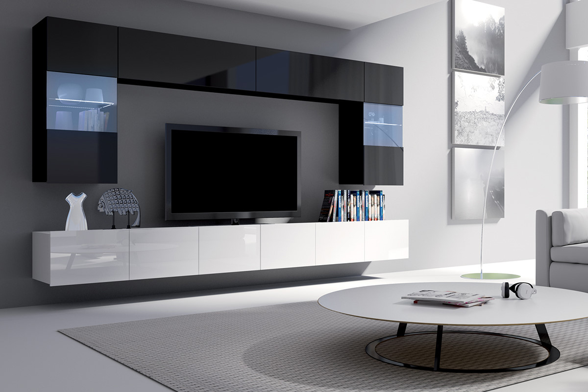 Meblościanka Kirdon z wiszącymi witrynami i długą szafką rtv Czarny / Biały - zdjęcie 5