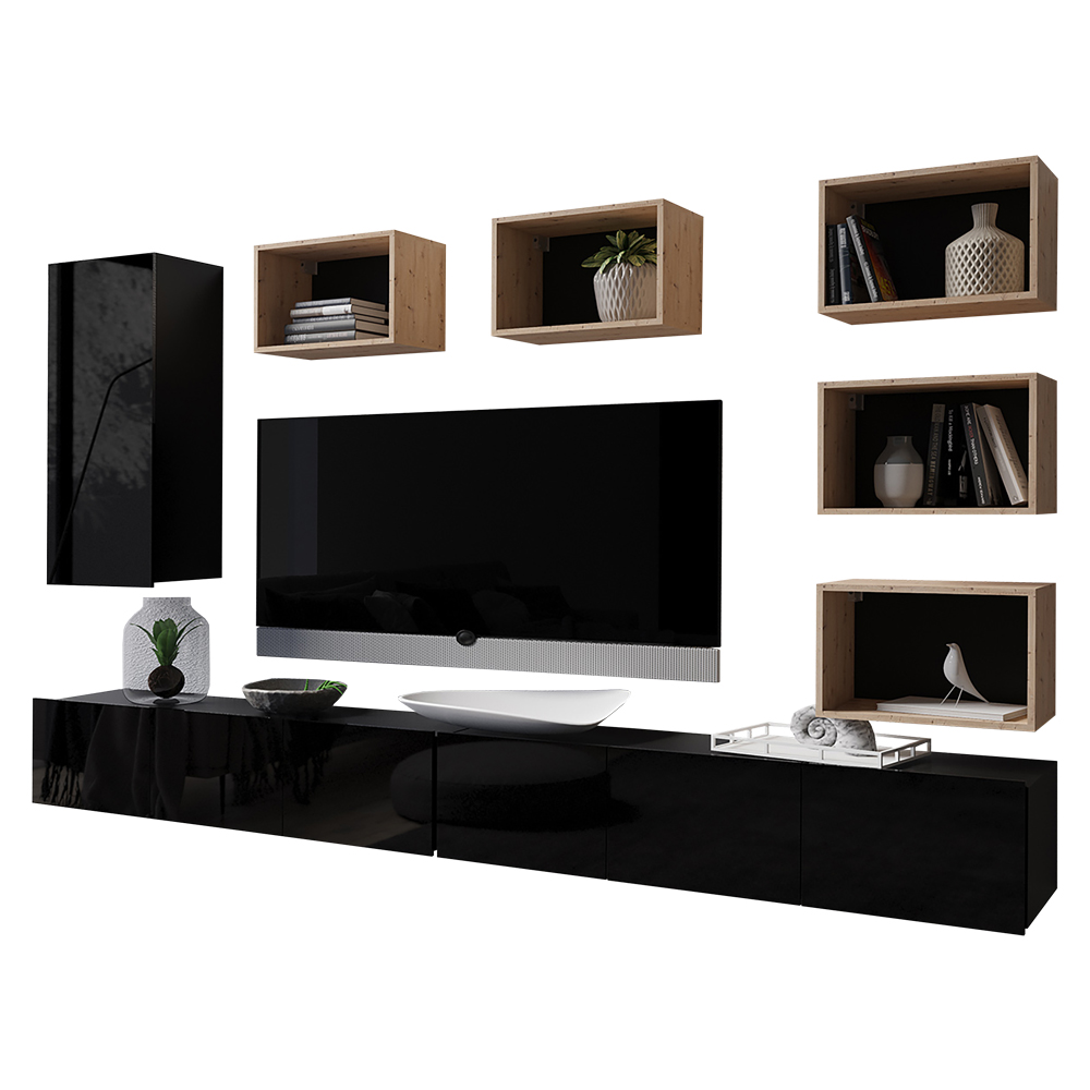 Meblościanka Kirdon z pięcioma otwartymi półkami i jedną zamkniętą Czarny / Dąb artisan  - zdjęcie 1