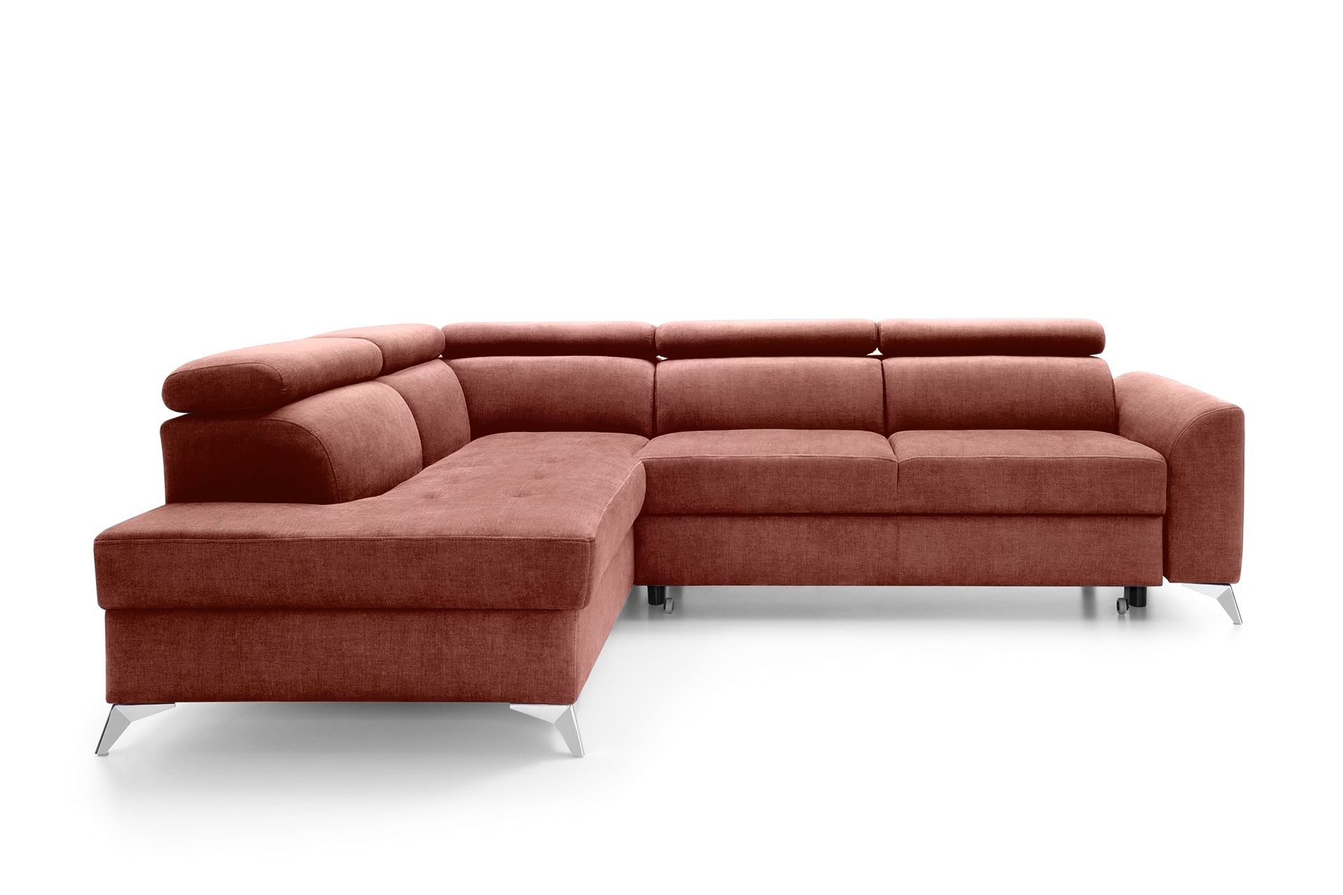 Narożnik z funkcją spania Beress L-kształtny z regulowanymi zagłówkami i pojemnikiem różowy welwet łatwoczyszczący lewostronny