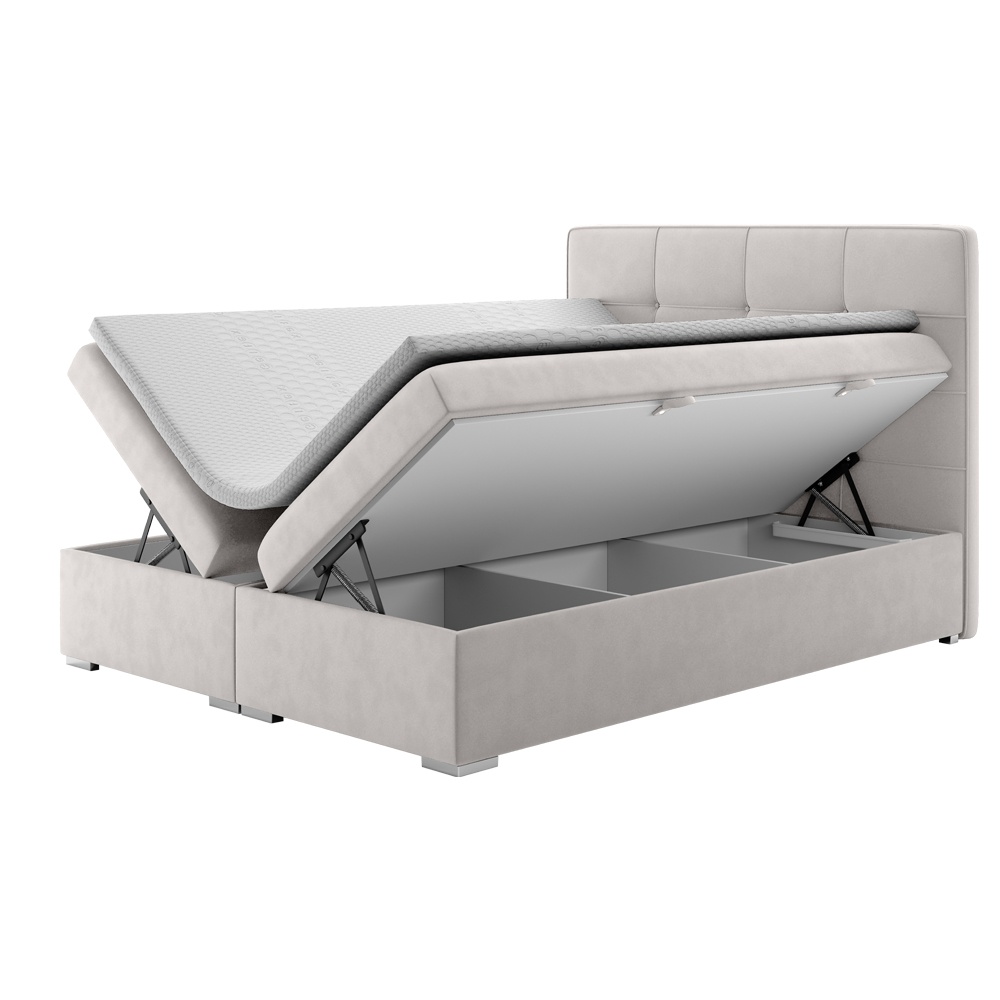 Łóżko kontynentalne 180x200 cm Bongiorno z pojemnikami i topperem jasnoszare welur hydrofobowy