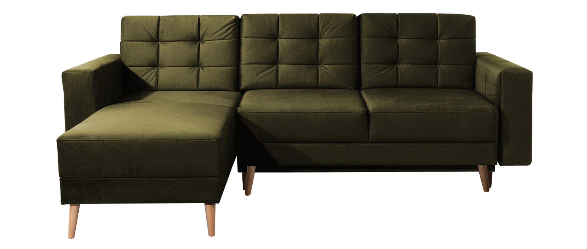 Narożnik z funkcją spania Masime L-kształtny z pojemnikiem uniwersalny oliwkowy welur hydrofobowy - zdjęcie 1