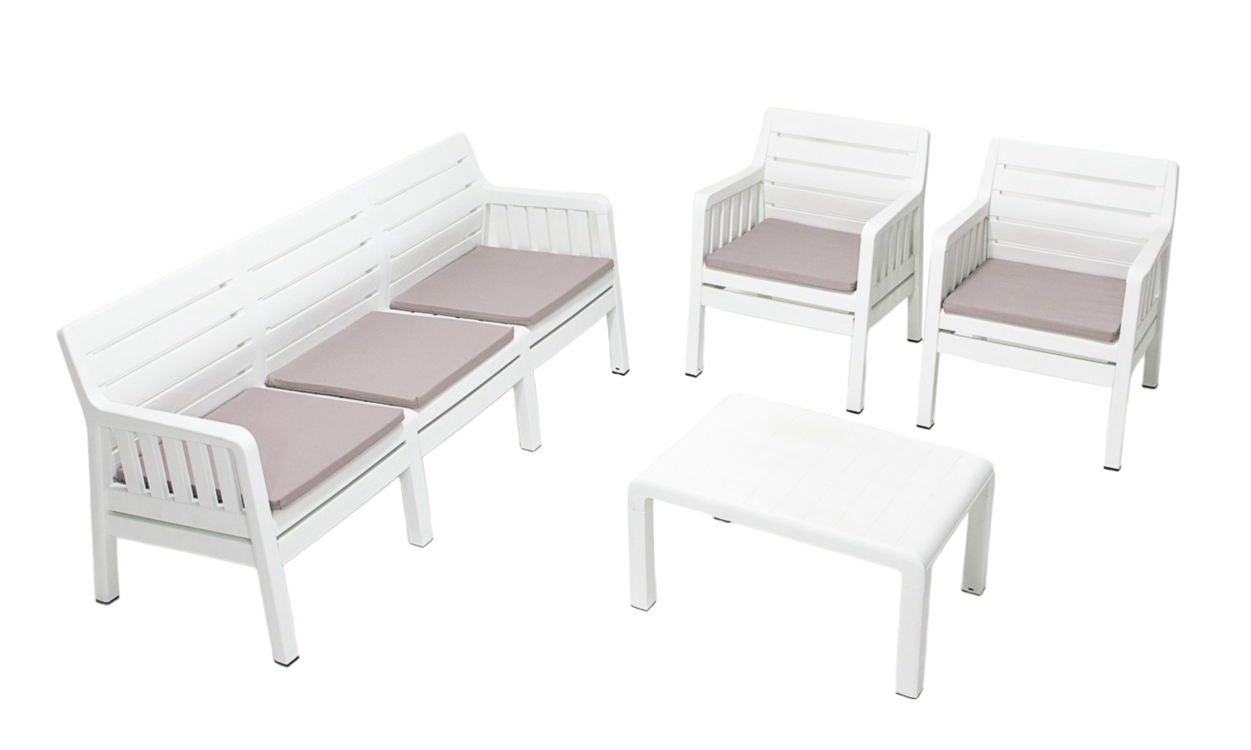 Zestaw ogrodowy pięcioosobowy Scrally ze stolikiem z tworzywa sztucznego i poduchami biały - zdjęcie 1