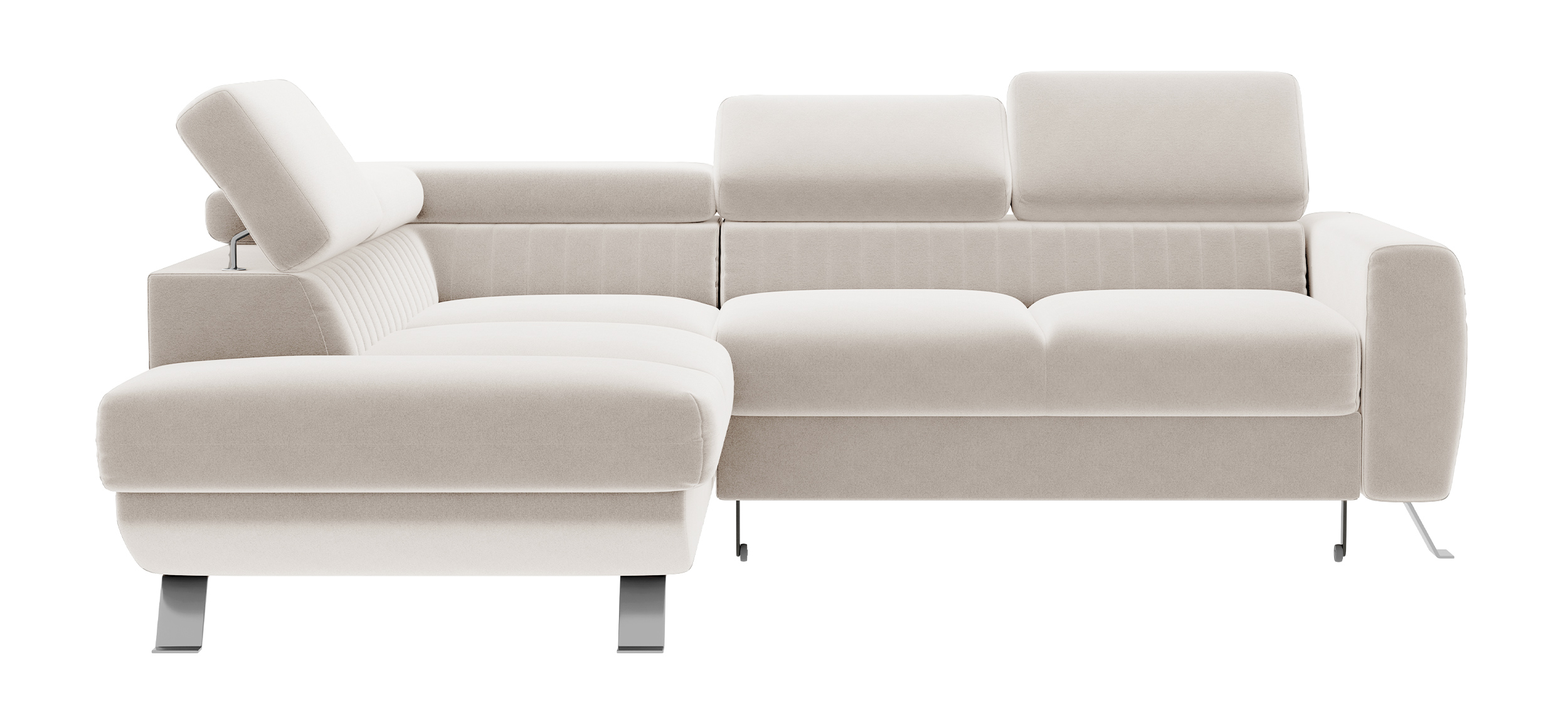 Narożnik z funkcją spania Bambito L-kształtny z pojemnikiem i regulowanymi zagłówkami kremowy welur hydrofobowy lewostronny - zdjęcie 1