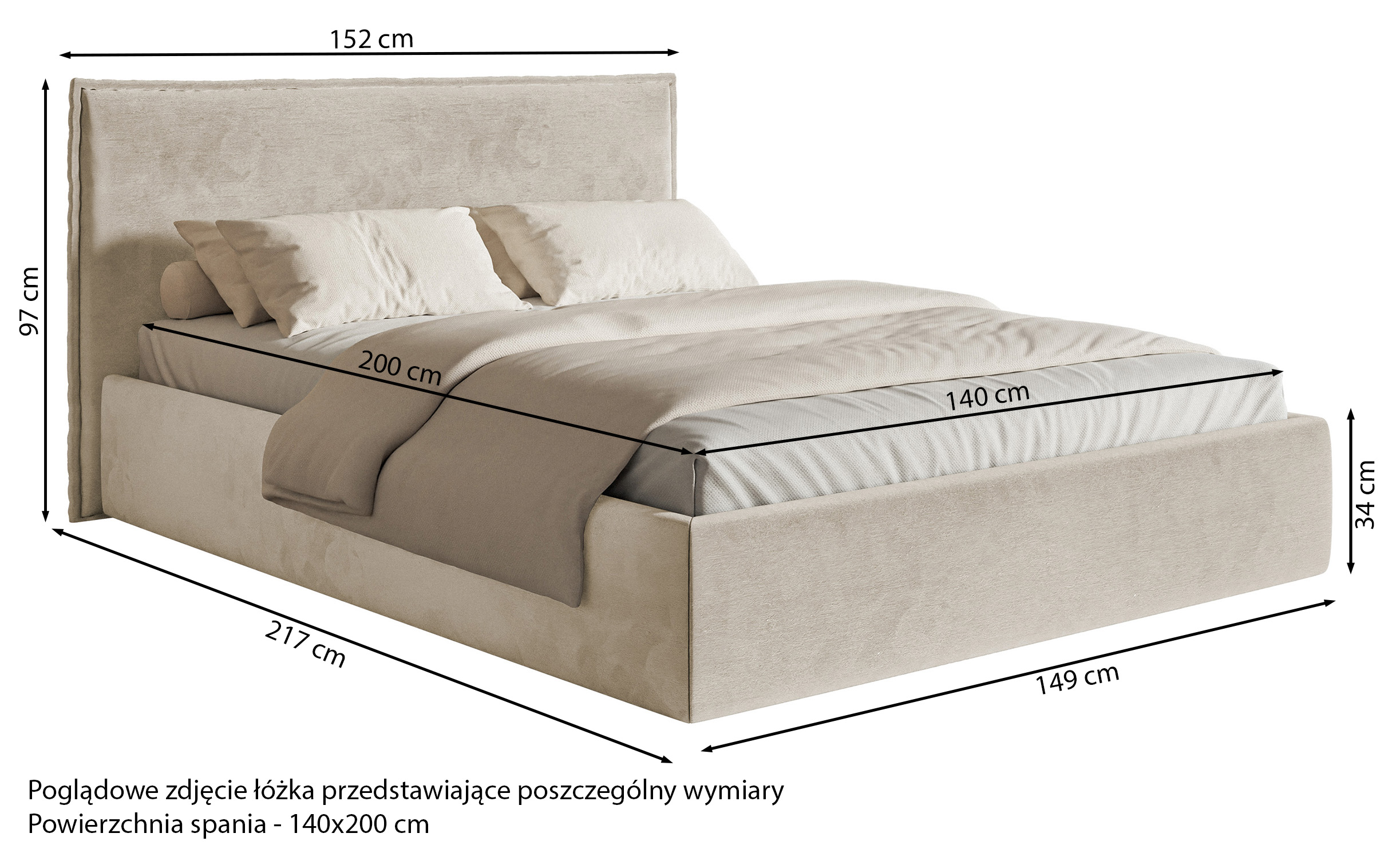 Łóżko tapicerowane 140x200 cm Softie Slim z pojemnikiem beżowe welur hydrofobowy stelaż metalowy
