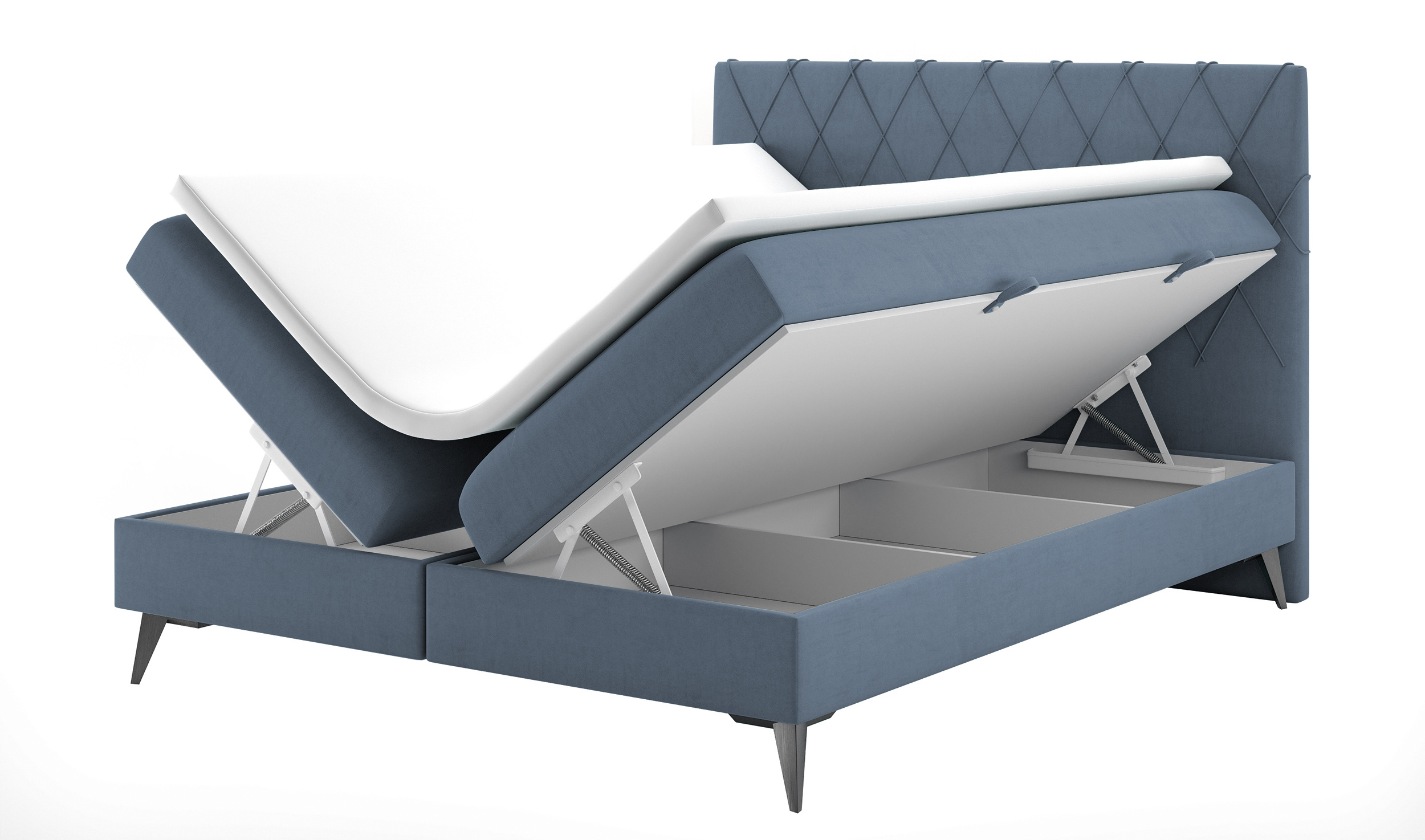 Łóżko kontynentalne 160x200 cm Welagano z pojemnikami i topperem niebieskie welur hydrofobowy