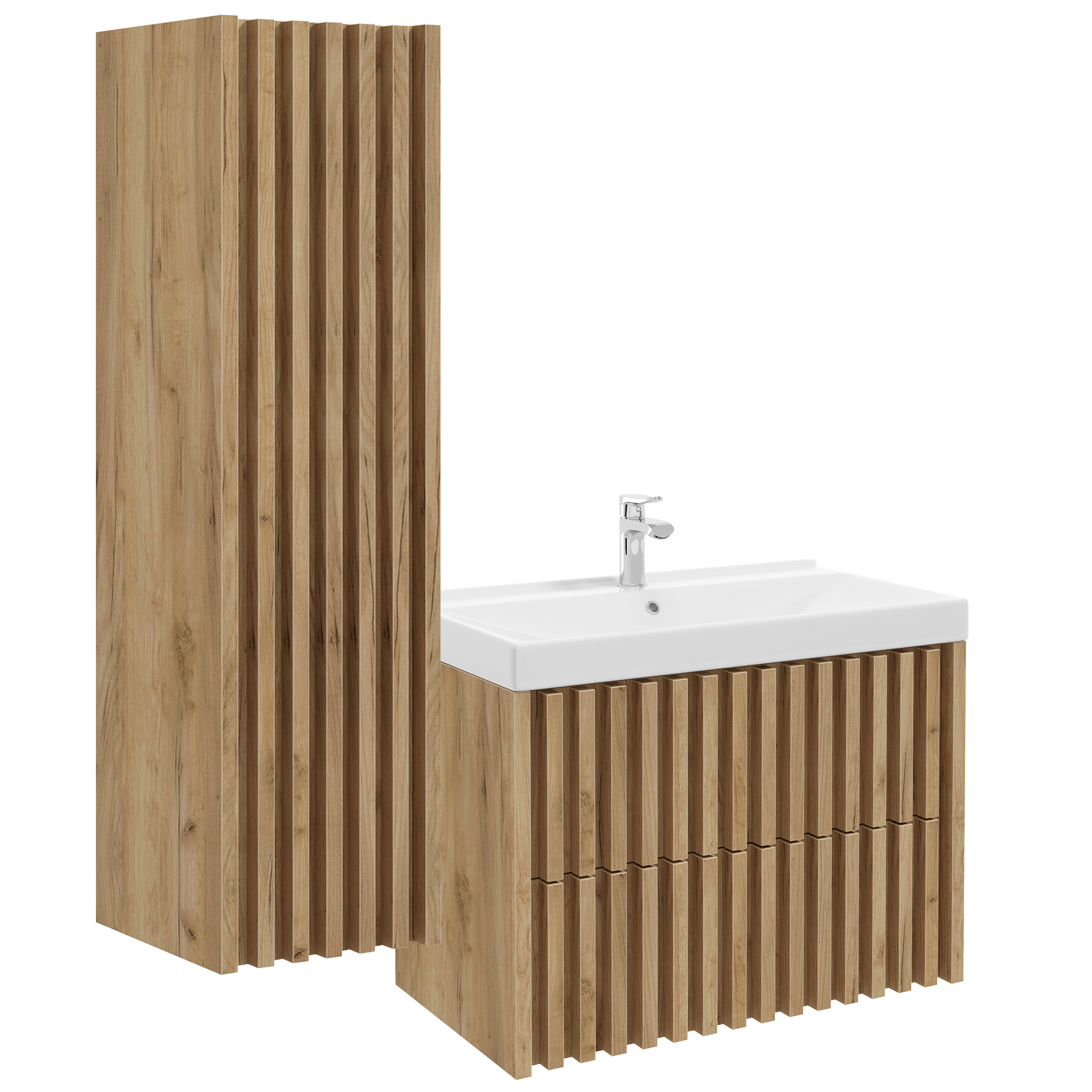 Zestaw mebli łazienkowych Mondola z wysokim regałem, szafką pod umywalkę z szufladami 80 cm oraz umywalką  - zdjęcie 1