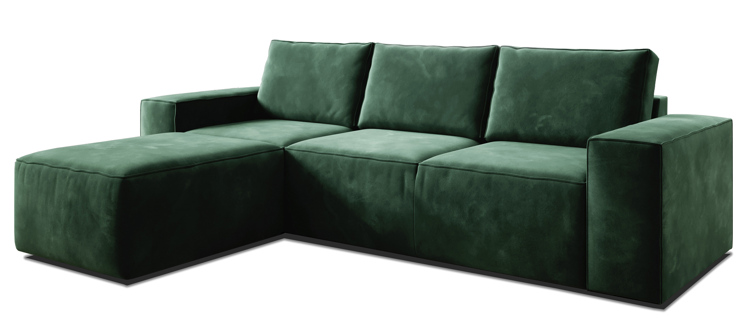 Narożnik z funkcją spania Munano L-kształtny z pojemnikiem zielony velvet lewostronny