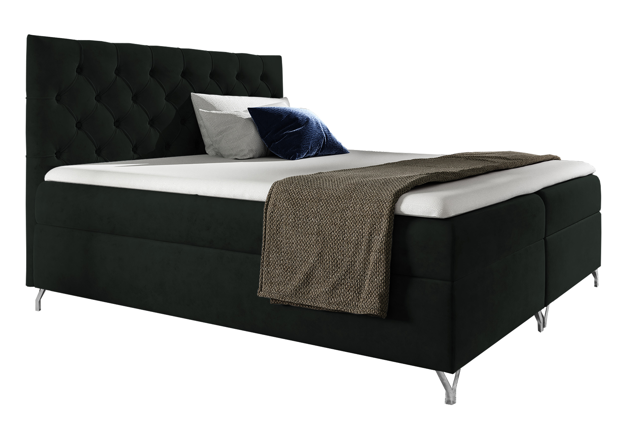 Łóżko kontynentalne Lozanna 140x200 z dwoma pojemnikami, materacem i topperem ciemnozielone - zdjęcie 1