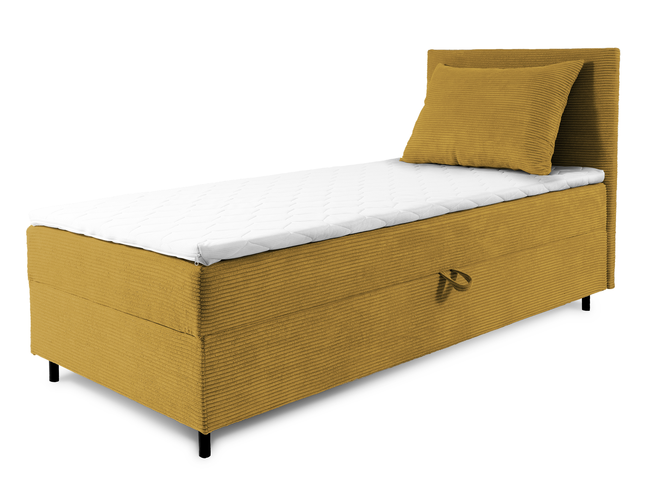 Łóżko kontynentalne jednosobowe Montigo Mini 100x200 cm z pojemnikiem, topperem i poduszką musztardowe sztruks nogi czarne prawostronne - zdjęcie 1