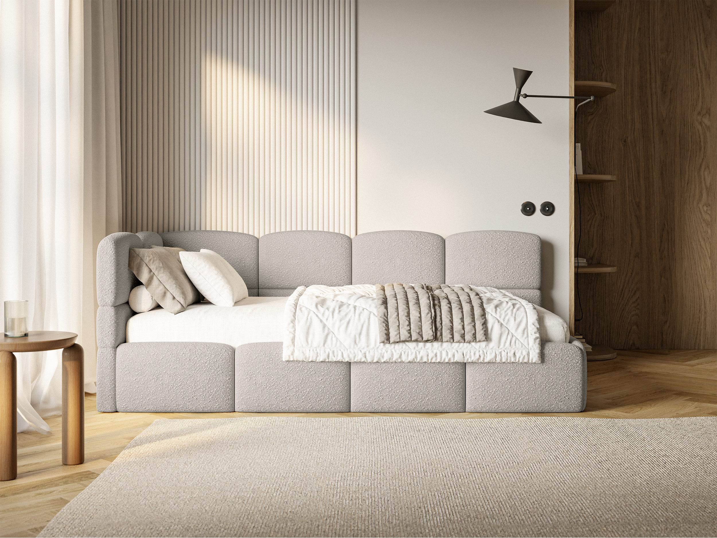 Łóżko młodzieżowe 90x200 cm Cloudy lewostronne z pojemnikiem szarobeżowe boucle