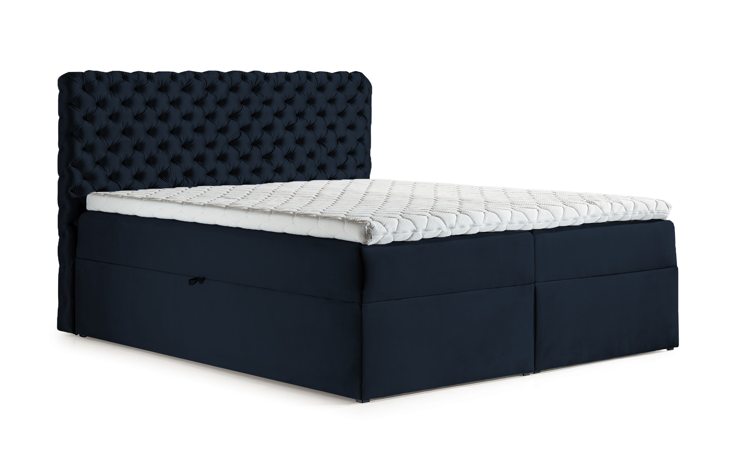 Łóżko kontynentalne Costmary 120x200 z dwoma pojemnikami, materacem i topperem granatowe hydrofobowe - zdjęcie 1