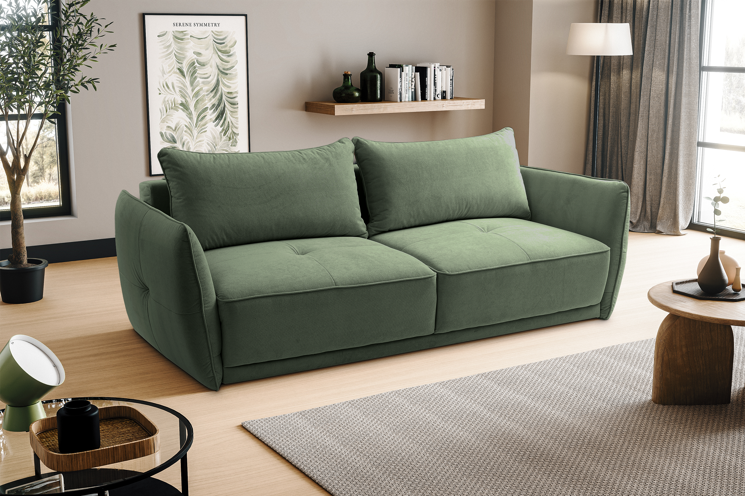 Kanapa rozkładana trzyosobowa Laristia z pojemnikiem zielona szenil hydrofobowy