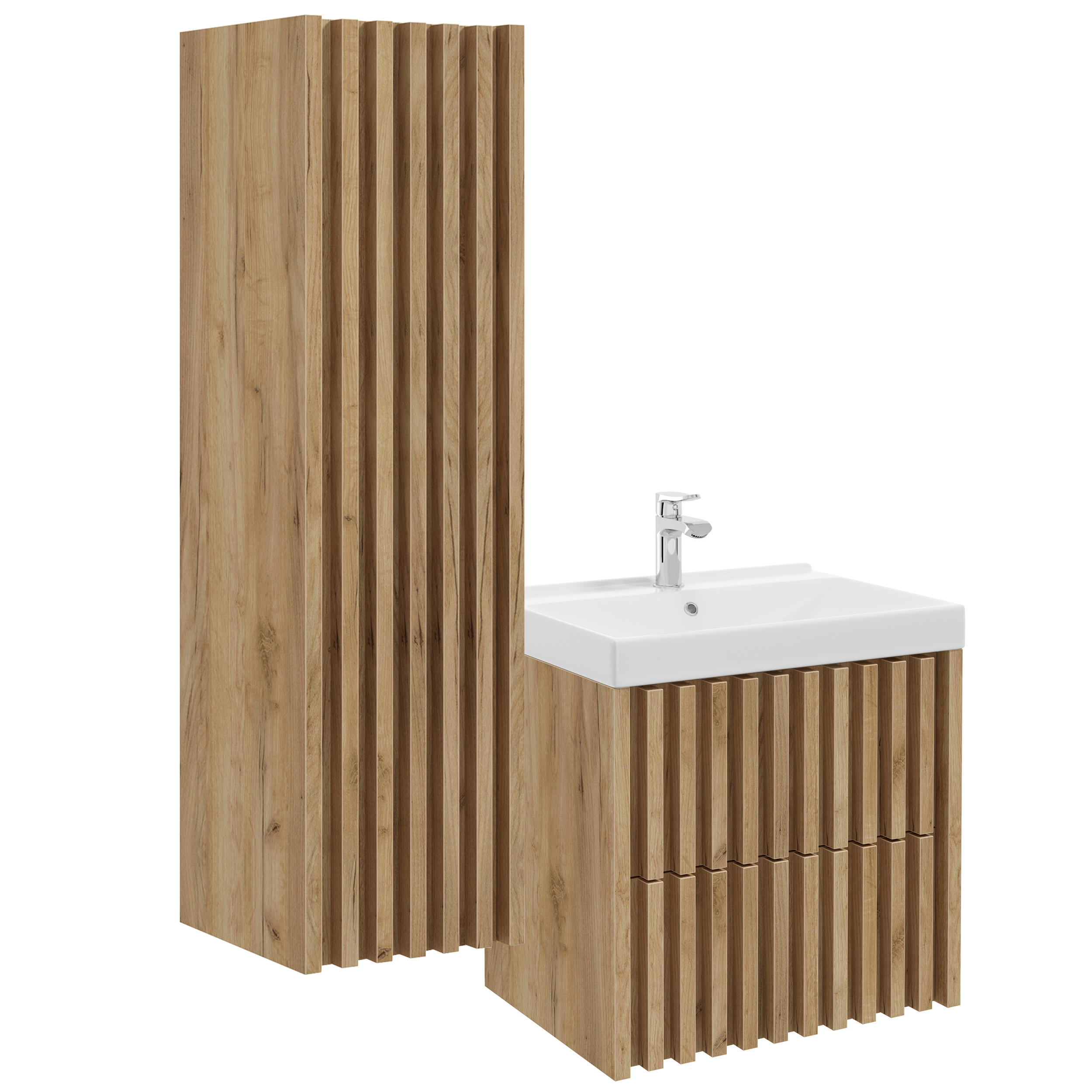 Zestaw mebli łazienkowych Mondola z wysokim regałem, szafką pod umywalkę z szufladami 60 cm oraz umywalką  - zdjęcie 1