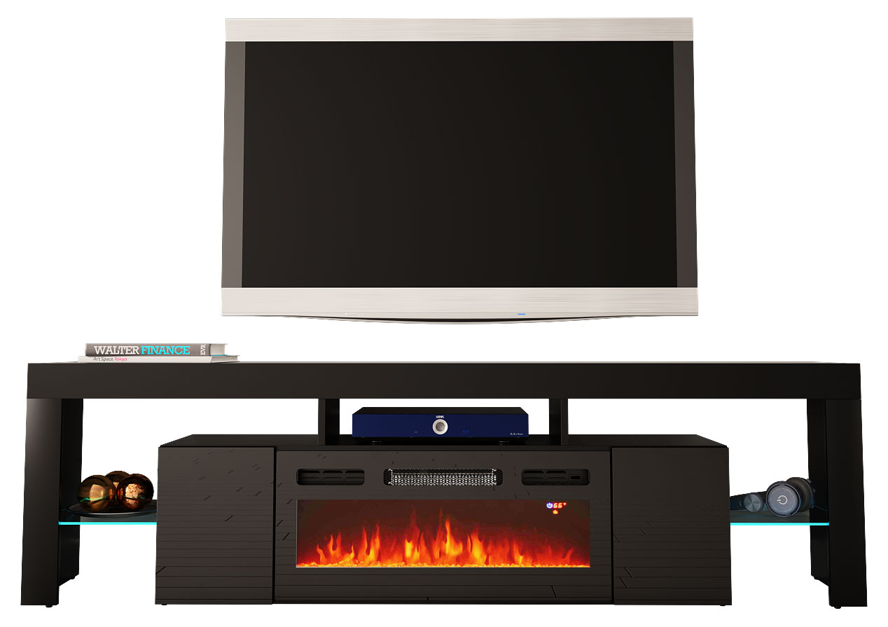Szafka RTV Hezre 200 cm z kominkiem elektrycznym czarny mat / czarny połysk - zdjęcie 1
