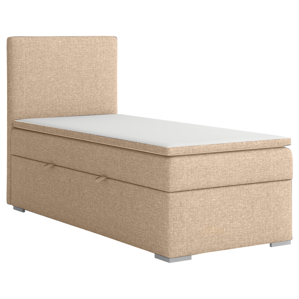 Łóżko kontynentalne jednoosobowe z pojemnikiem i topperem Mechico 90x200 cm beżowe plecionka lewostronne - zdjęcie 1