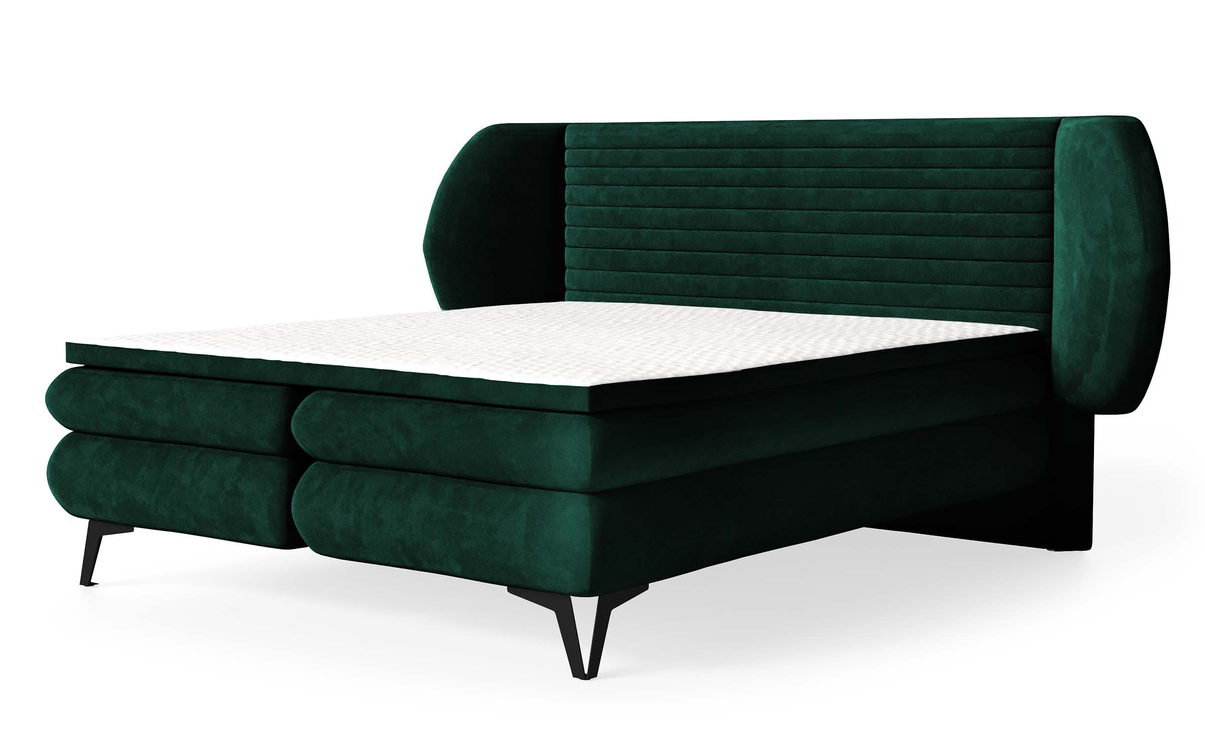 Łóżko kontynentalne 140x200 cm Cermone z pojemnikami i topperem poziome przeszycia na wezgłowiu zielone