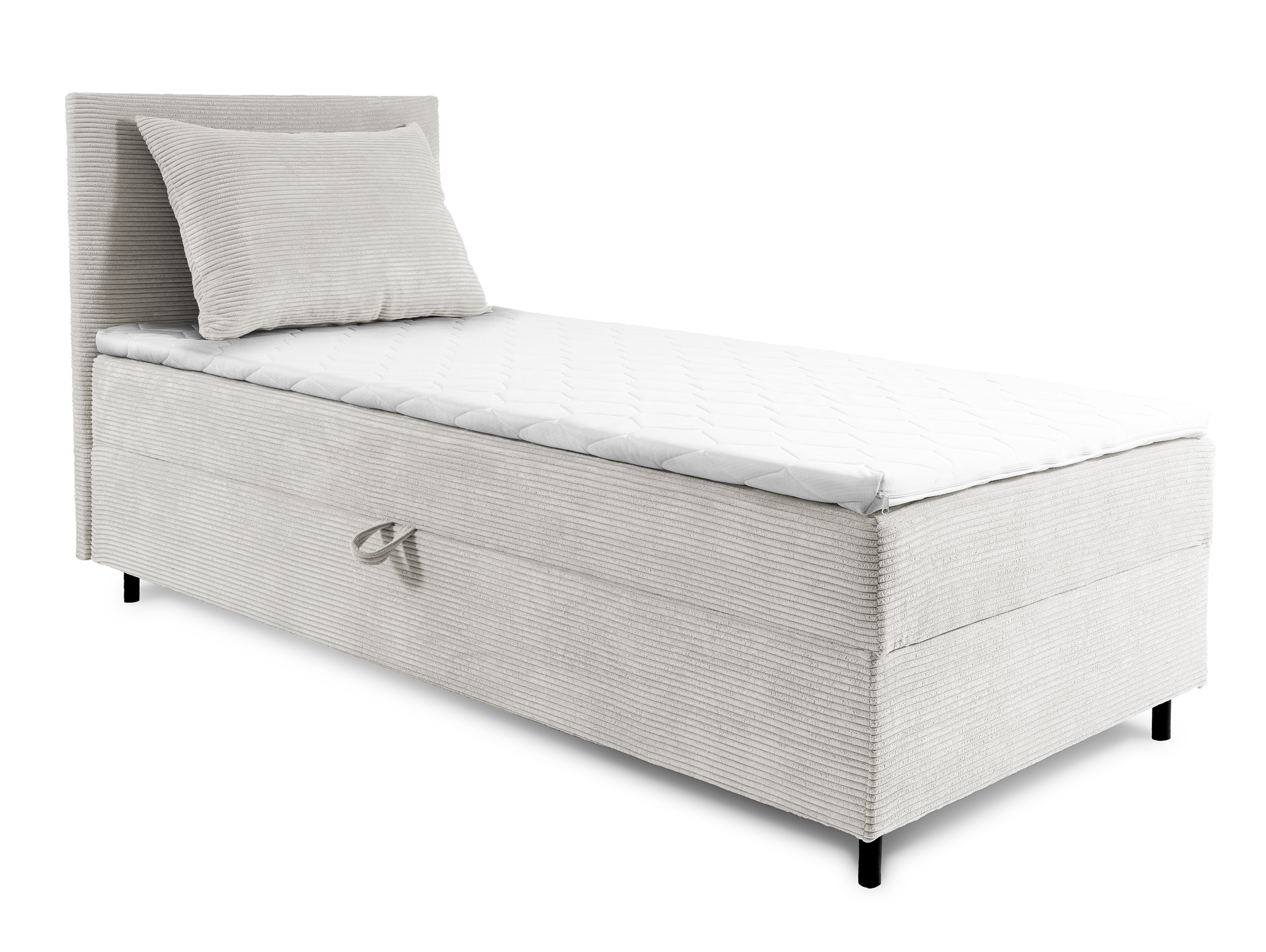Łóżko kontynentalne jednosobowe Montigo Mini 100x200 cm z pojemnikiem, topperem i poduszką kremowe sztruks nogi czarne lewostronne - zdjęcie 1