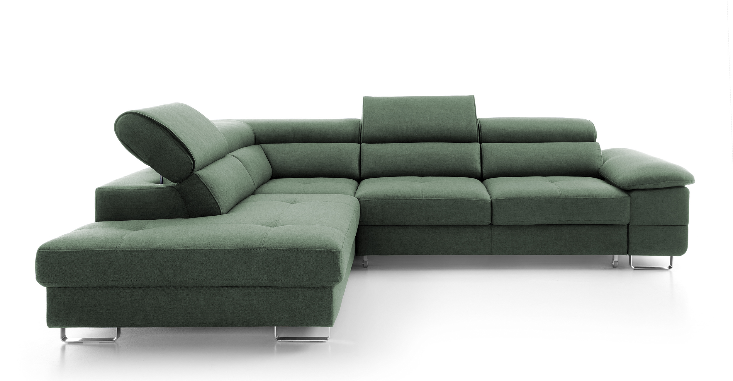 Narożnik z funkcją spania Lardos z pojemnikiem zielony w tkaninie hydrofobowej plecionka prawostronny