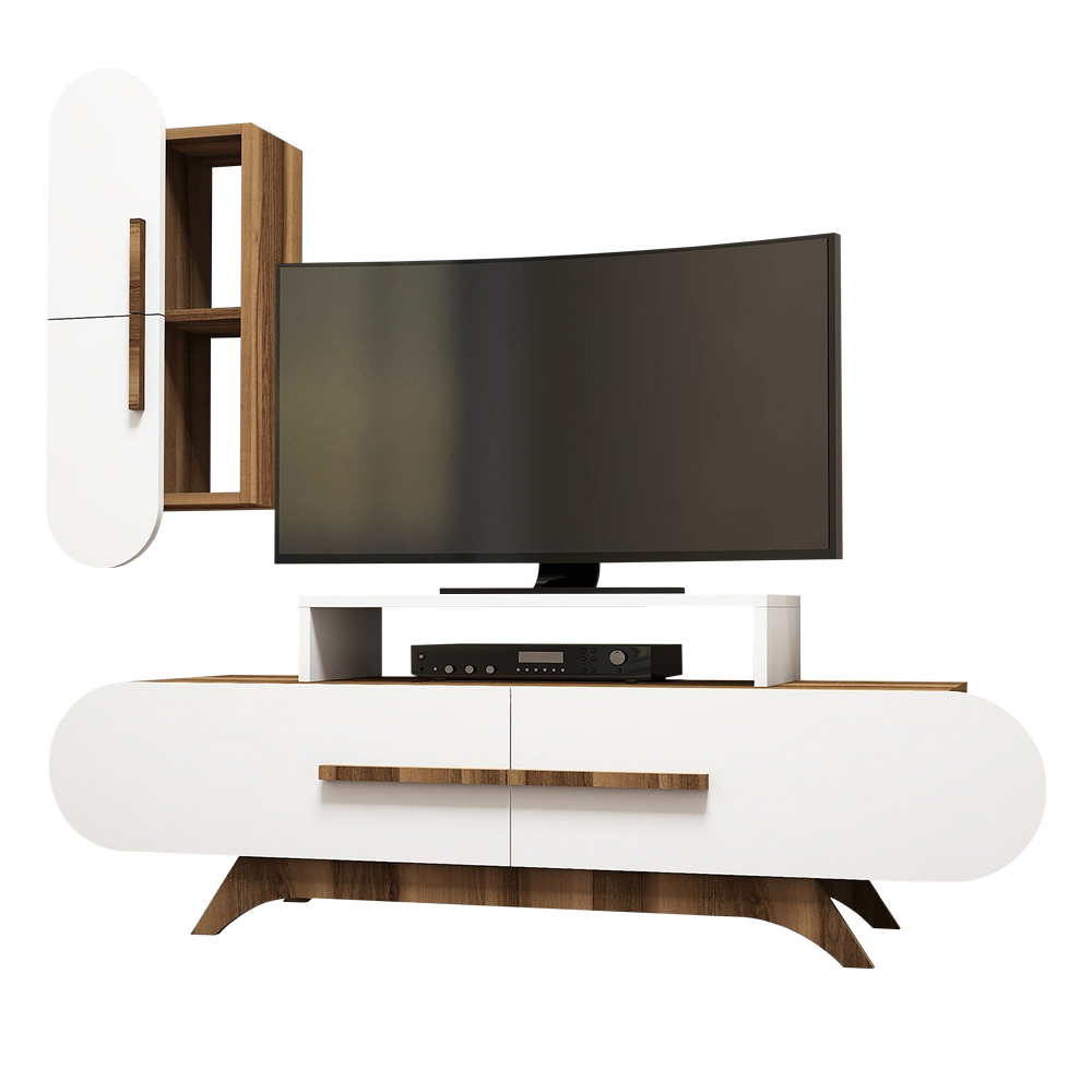 Szafka RTV Ovalia 145 cm z białym frontem i wiszącą szafką