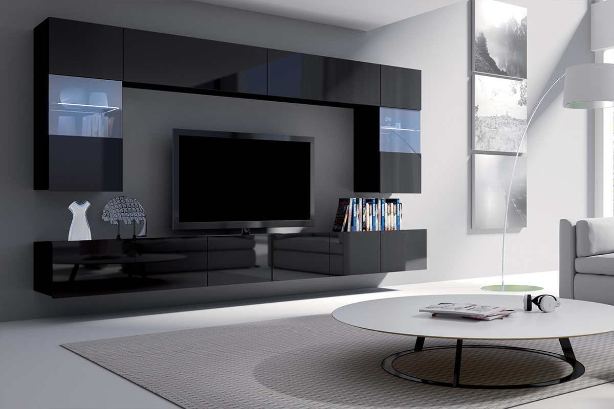 Meblościanka Kirdon z wiszącymi witrynami i długą szafką rtv Czarny mat / Czarny połysk - zdjęcie 4