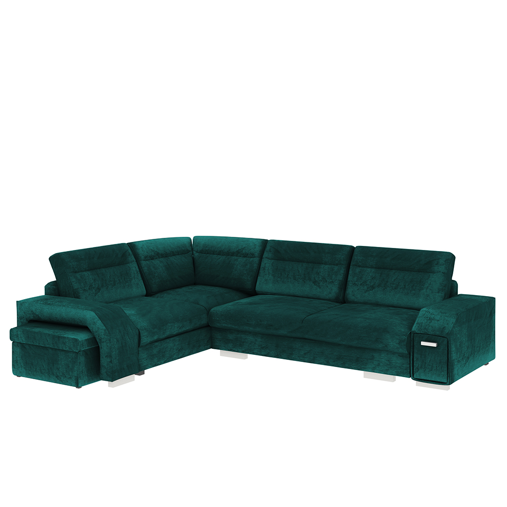 Narożnik z funkcją spania Umill L z barkiem i pufą zielony w tkaninie hydrofobowej strona lewa