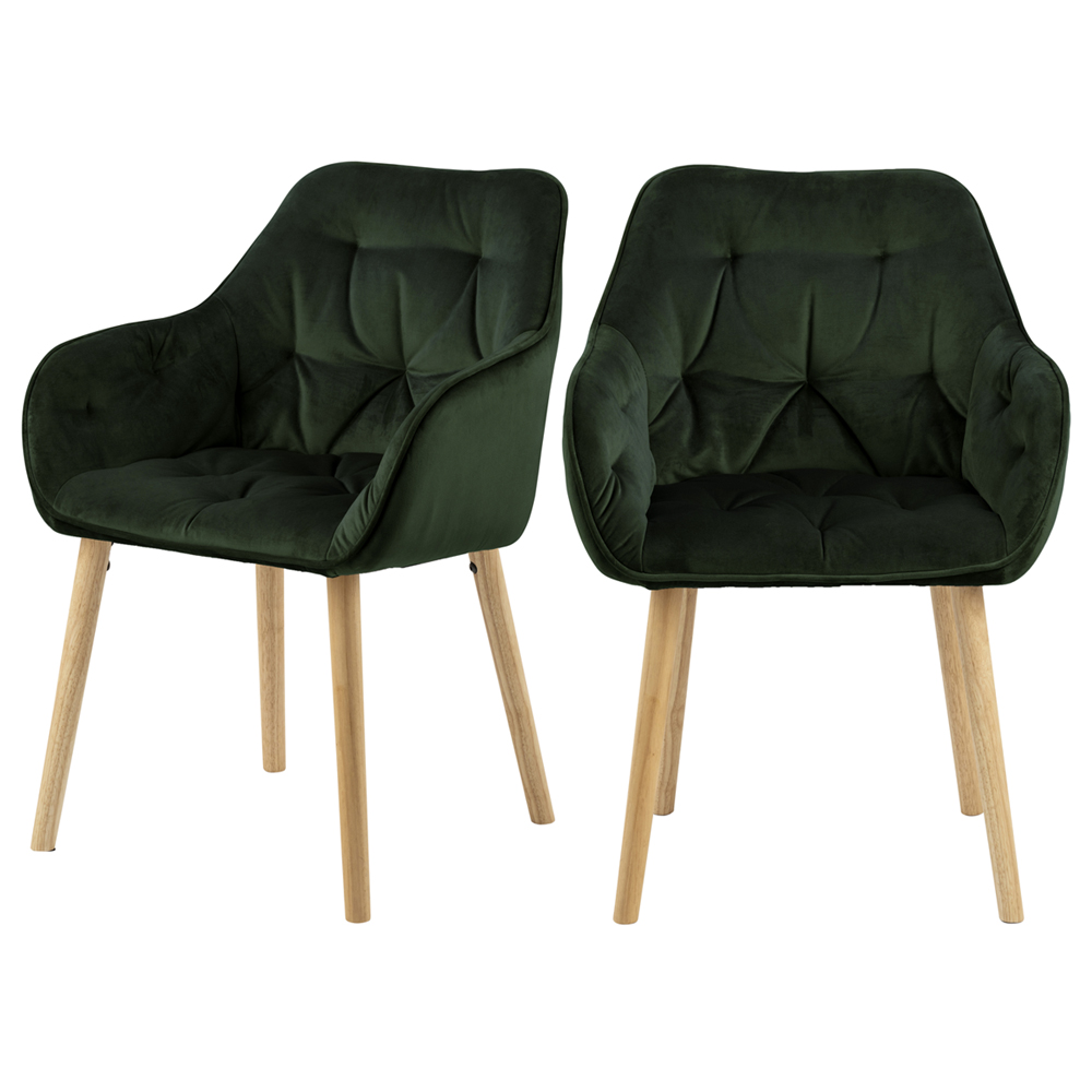 Zestaw dwóch krzeseł tapicerowanych z podłokietnikami Agamos zielony welur na drewnianych nóżkach