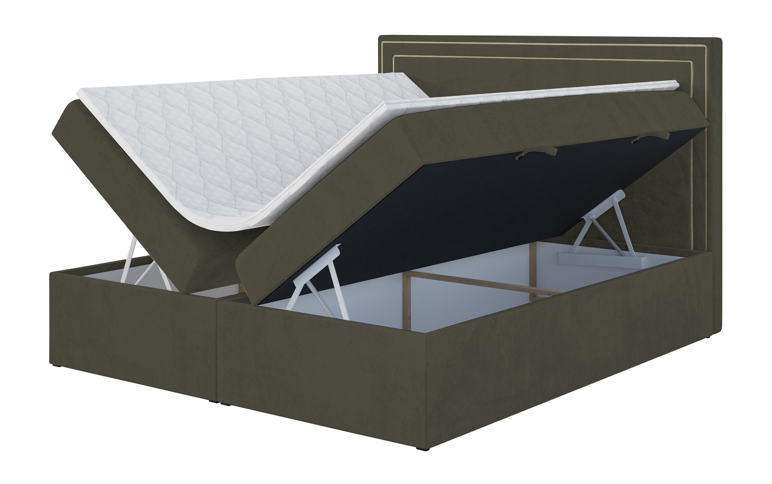 Łóżko kontynentalne 180x200 cm Kartus z pojemnikami i topperem oliwkowe welur hydrofobowy - zdjęcie 1