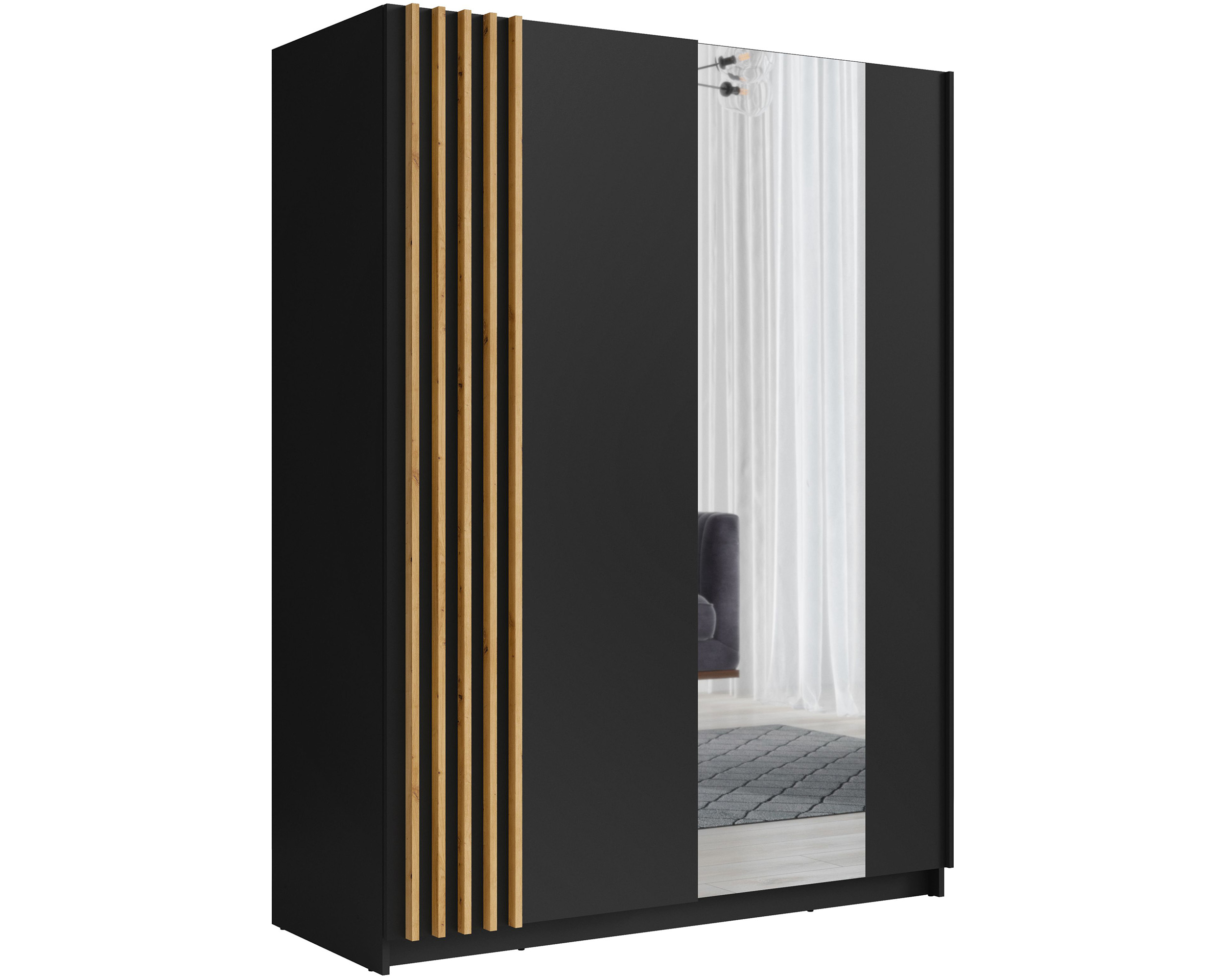Szafa przesuwna Tollino z lustrem, półkami i drążkiem 200 cm Czarna/Dąb artisan lamele - zdjęcie 1
