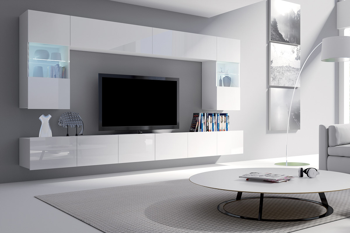 Meblościanka Kirdon z wiszącymi witrynami i długą szafką rtv Biały mat / Biały połysk - zdjęcie 1