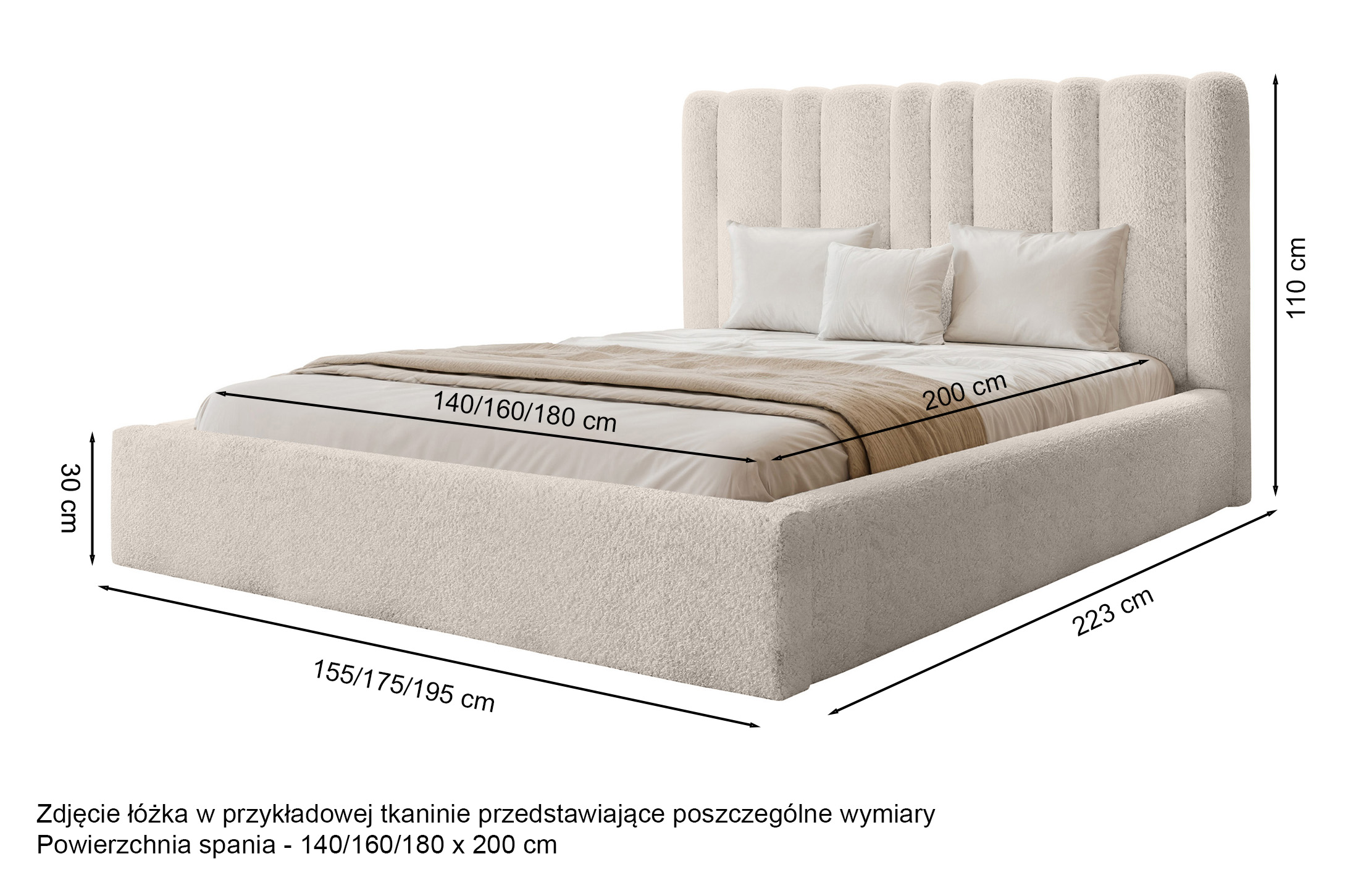 Łóżko tapicerowane 140x200 cm Wavaro z pojemnikiem stelaż metalowy beżowe boucle