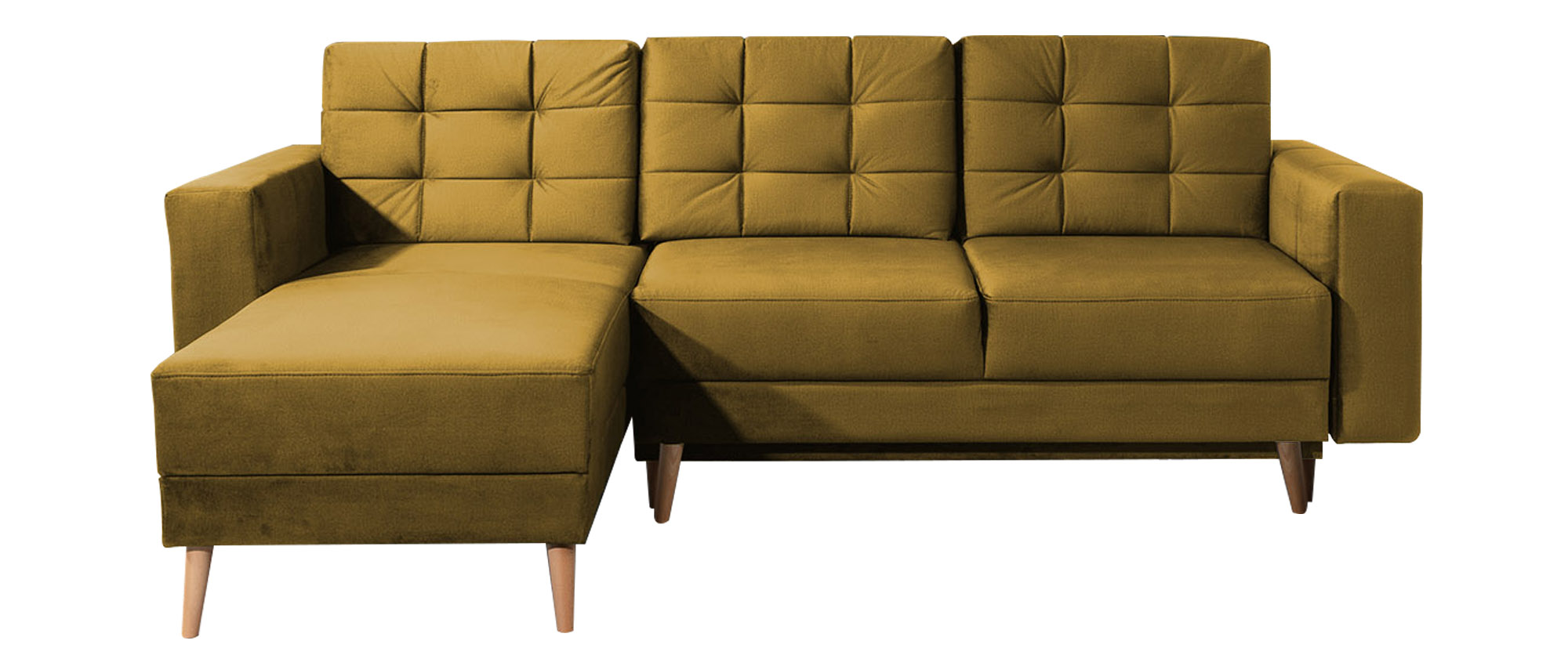 Narożnik z funkcją spania Masime L-kształtny z pojemnikiem uniwersalny musztardowy welur hydrofobowy - zdjęcie 1