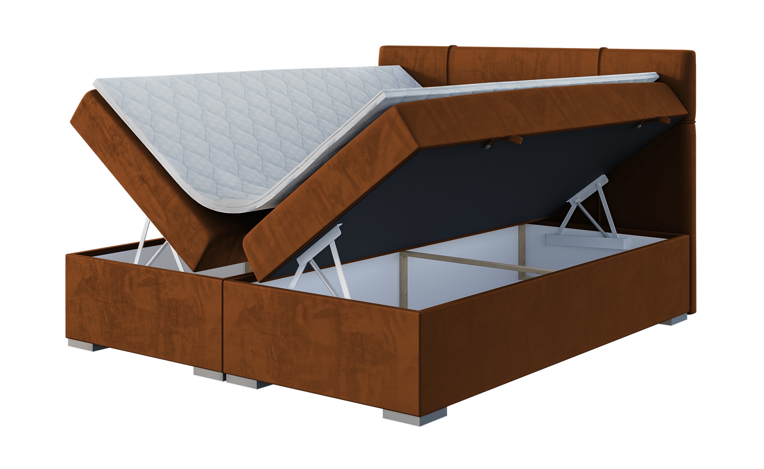 Łóżko kontynentalne 180x200 cm Agnone z pojemnikami i topperem miedziane welur hydrofobowy