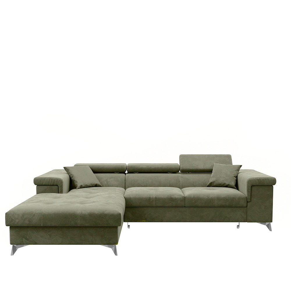 Narożnik z funkcją spania Mikkara L-kształtny z pojemnikiem oliwkowy w tkaninie hydrofobowej lewostronny - zdjęcie 1