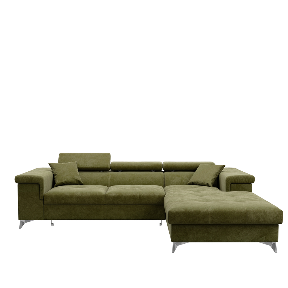 Narożnik z funkcją spania Mikkara L-kształtny z pojemnikiem oliwkowy welur hydrofobowy prawostronny - zdjęcie 1