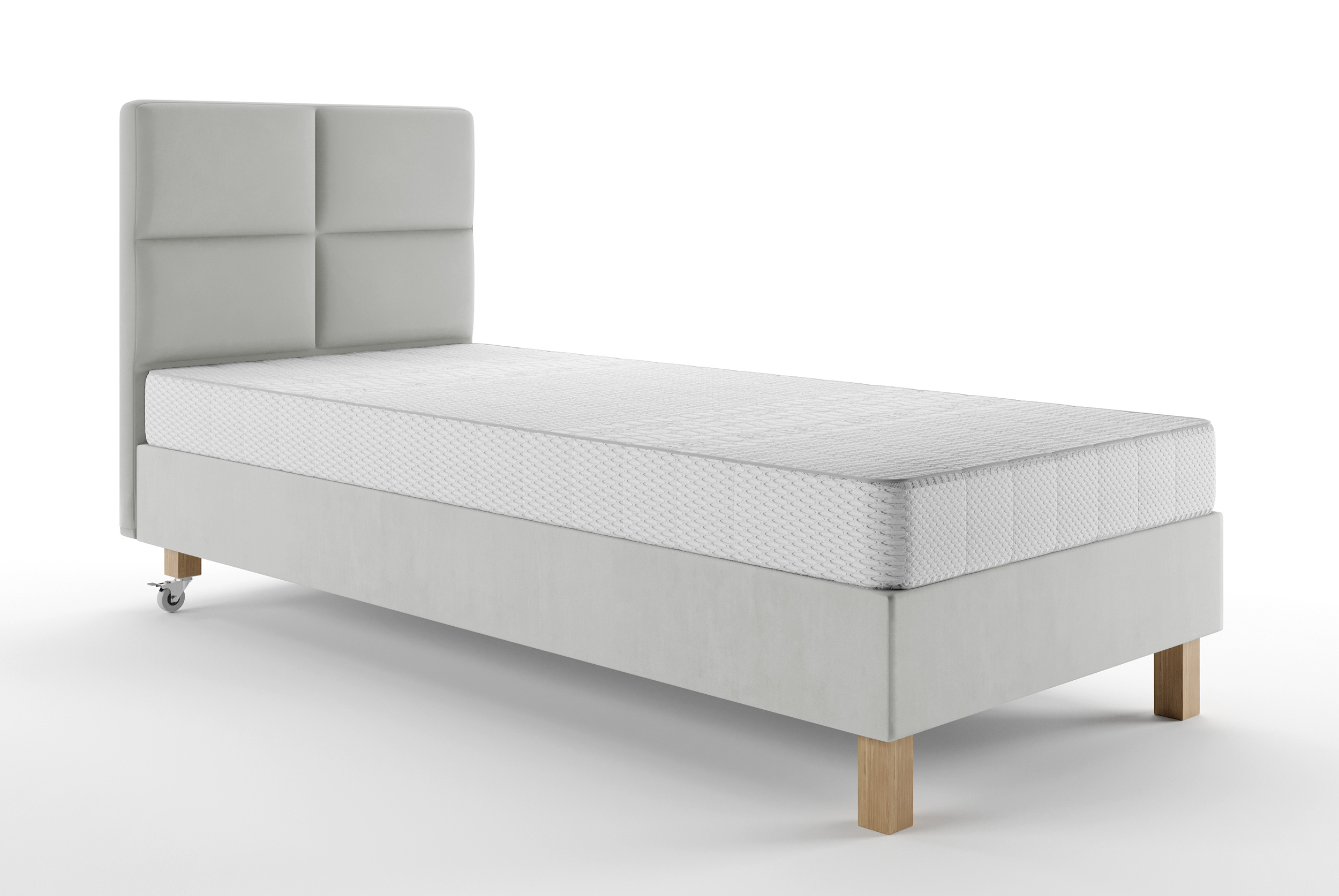 Łóżko tapicerowane 90x200 cm  Donbay z wezglowiem panelowym i materacem kieszeniowym jasnoszare welur hydrofobowy - zdjęcie 1